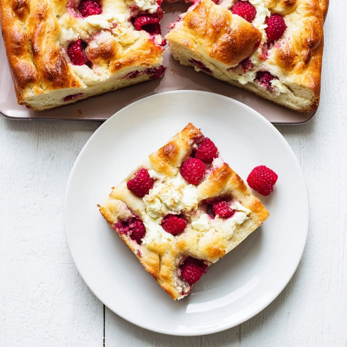 Airy sourdough focaccia topped with sweet cheesecake mixture and vibrant tangy raspberries baked until golden
