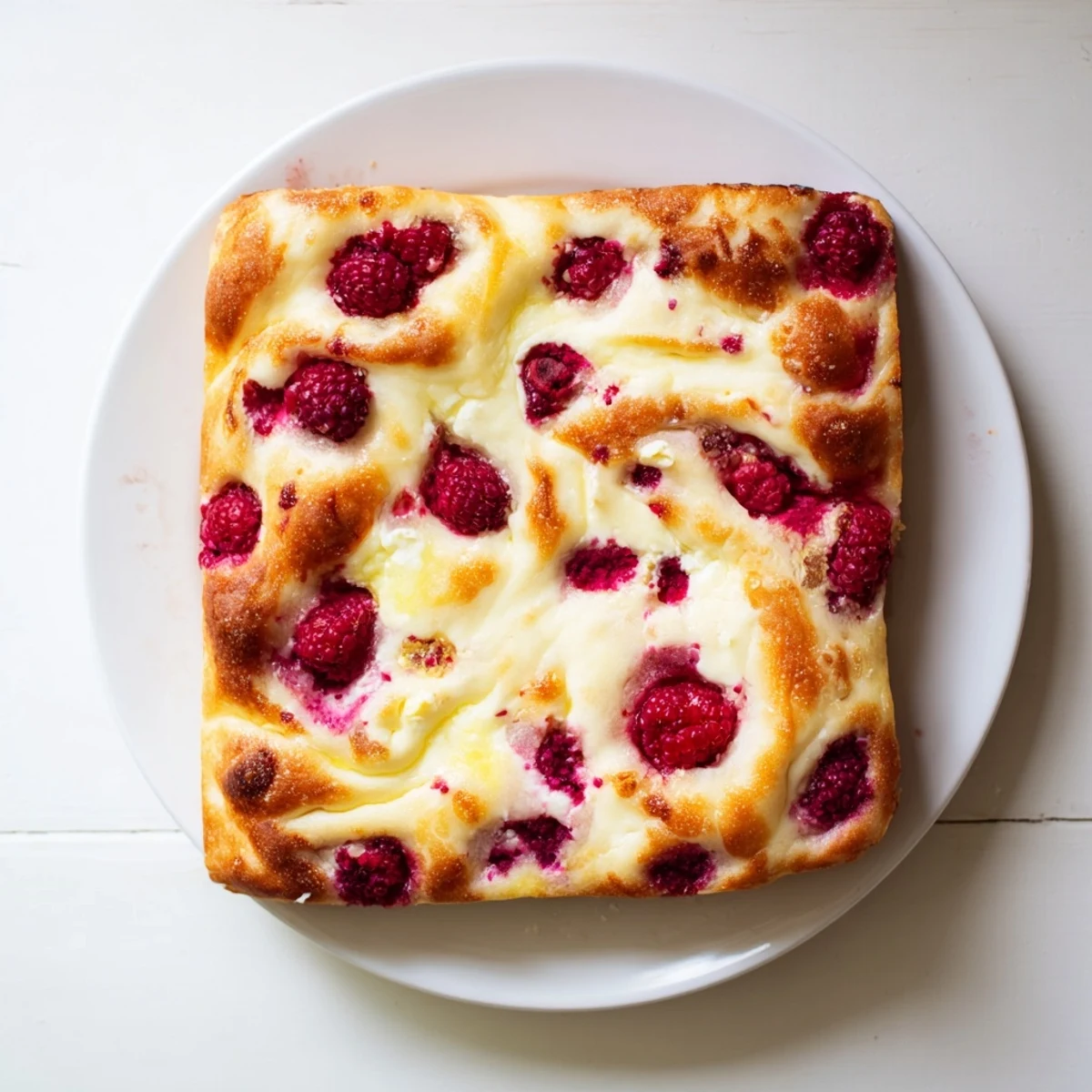 Golden sweet and tangy raspberry cheesecake sourdough focaccia with creamy swirls and juicy red berries