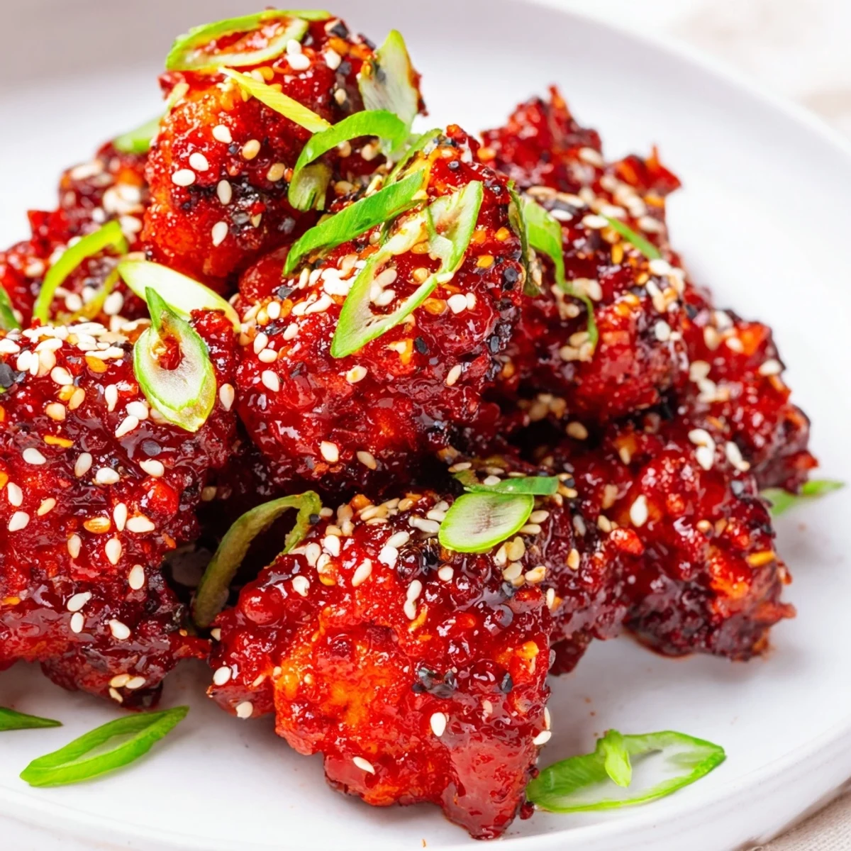 Tender gochujang chicken glazed in spicy Korean red sauce with sesame seed garnish