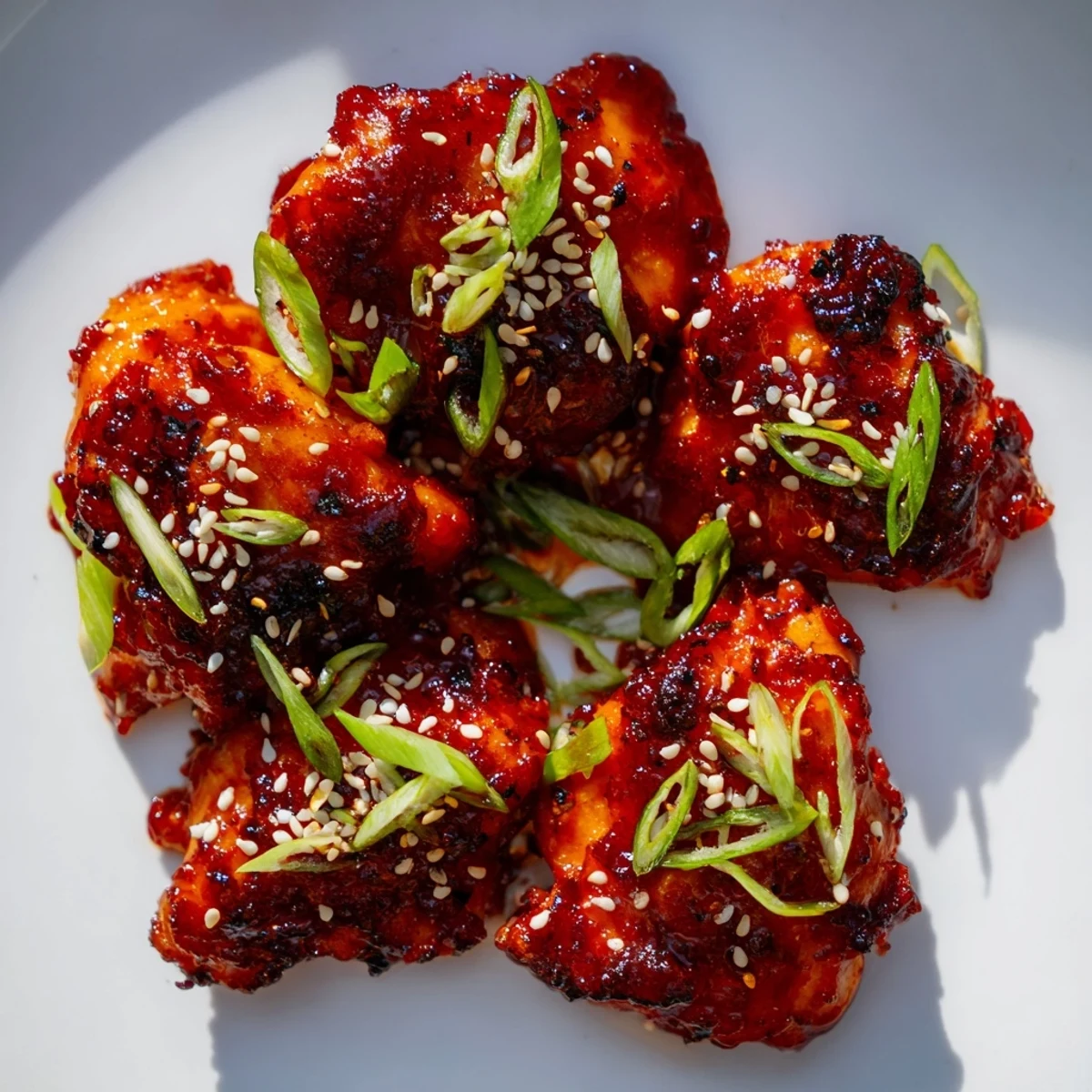 Caramelized gochujang chicken pieces coated in sweet chili glaze with green onion topping