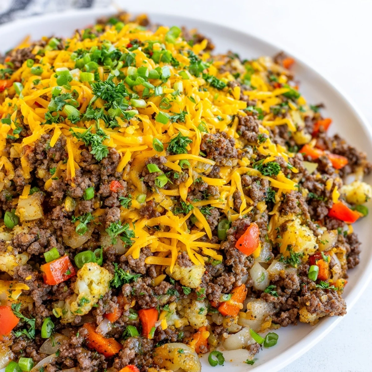 Hearty low-carb cauliflower and ground beef hash served hot in a cast iron skillet with fresh parsley garnish