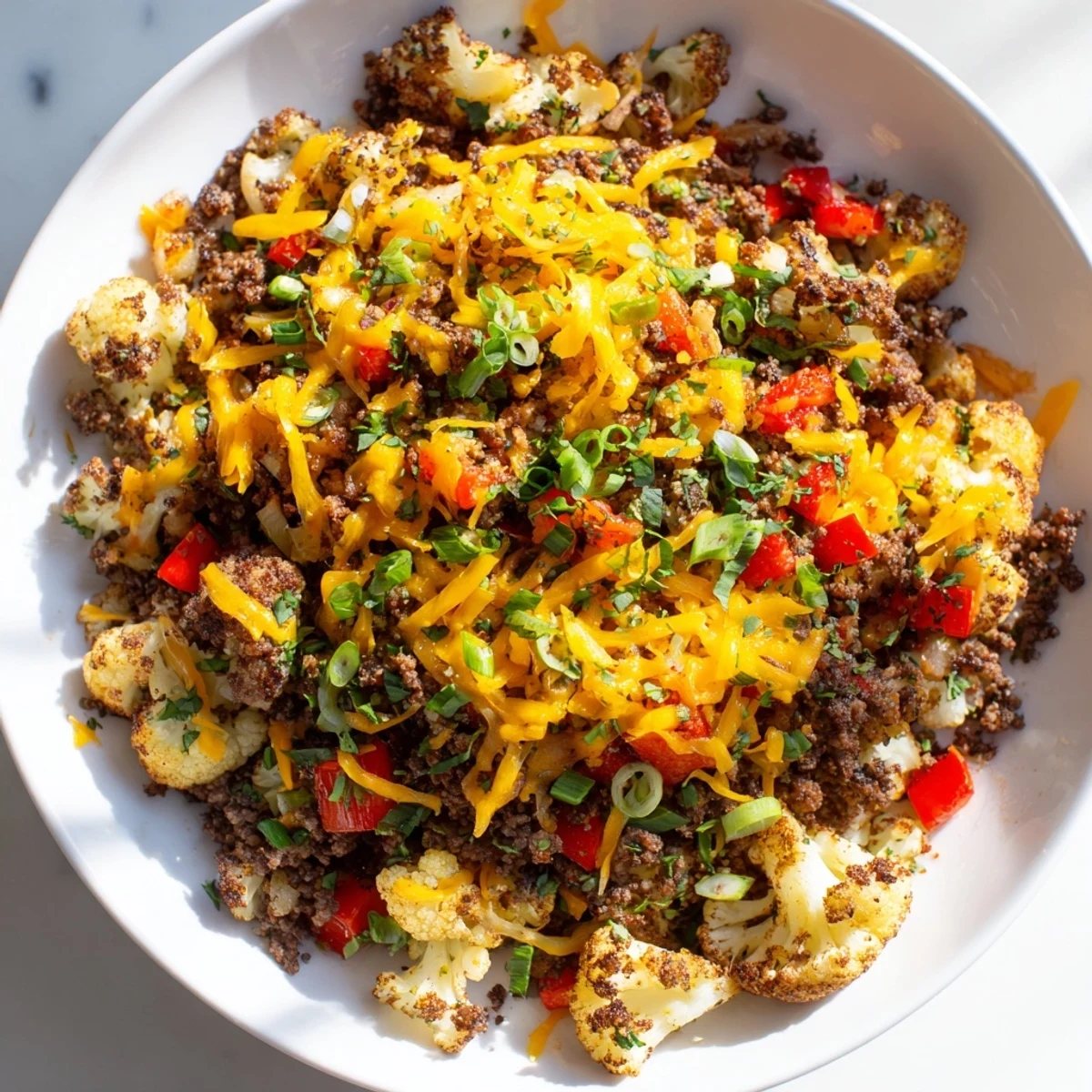 Golden skillet of cauliflower and ground beef hash with colorful bell peppers and melted cheese topping