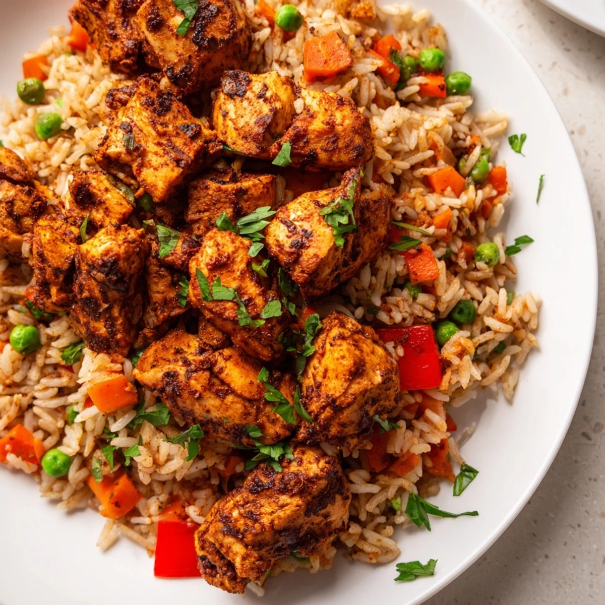 Steamy one pot shawarma chicken and rice garnished with fresh parsley and colorful diced vegetables