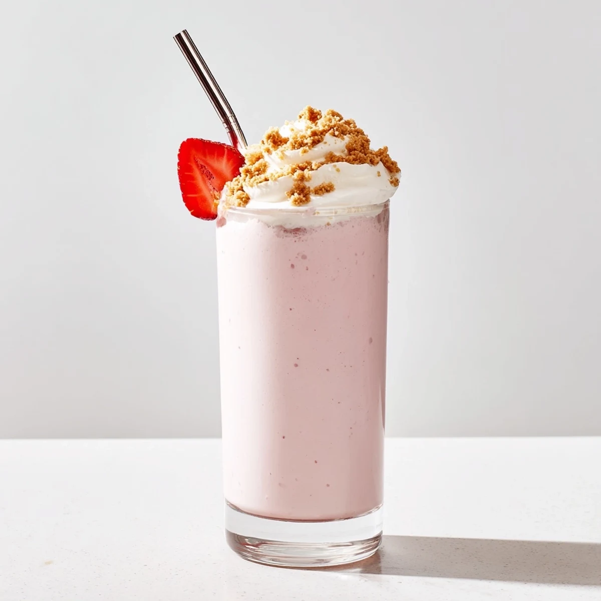 Creamy homemade strawberry cheesecake milkshake garnished with crushed graham crackers and whole red strawberries