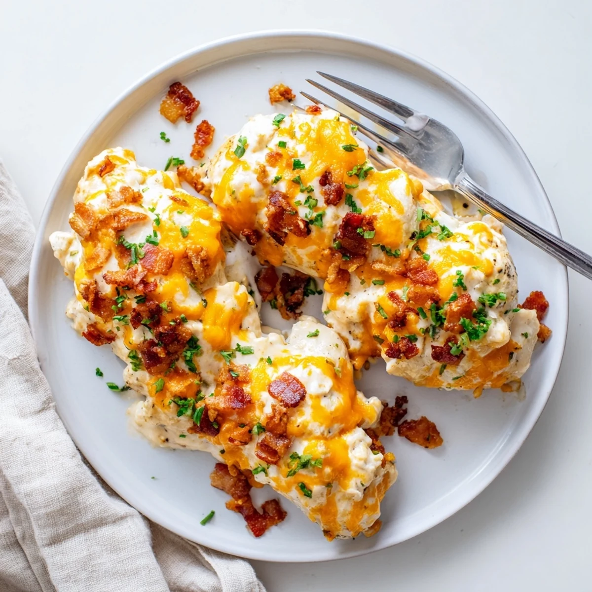 Golden baked crack chicken topped with crispy bacon and melted cheddar cheese on a white serving plate
