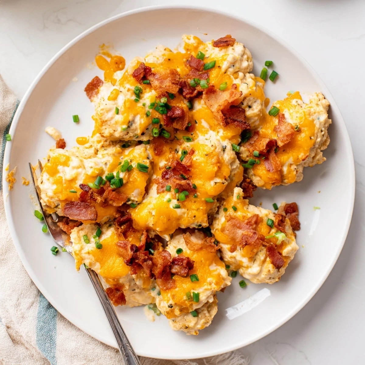 Creamy ranch seasoned chicken breasts baked bubbly hot with savory bacon bits and fresh green onion garnish