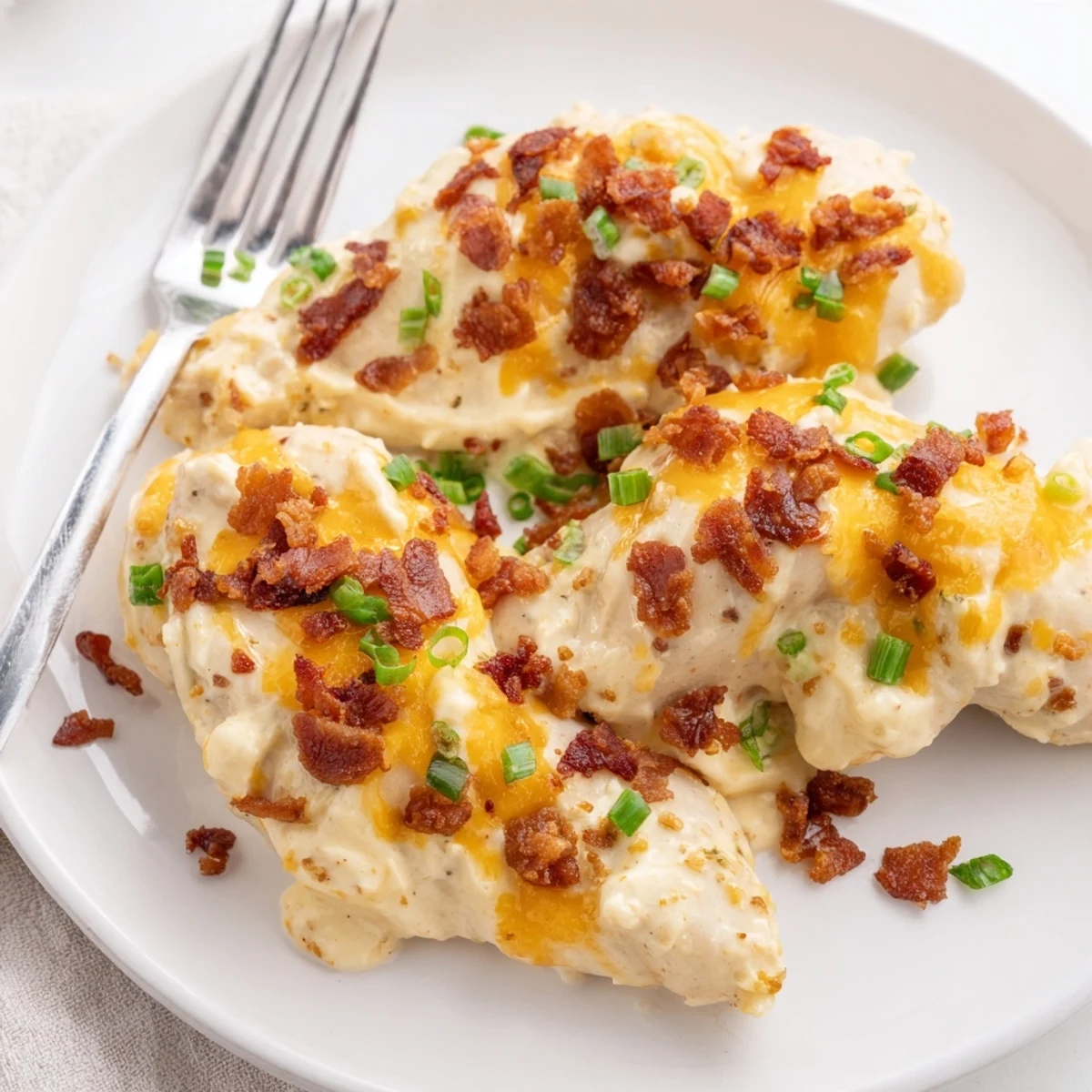 Homemade baked crack chicken casserole with gooey cheese layers and crumbled bacon ready for family dinner
