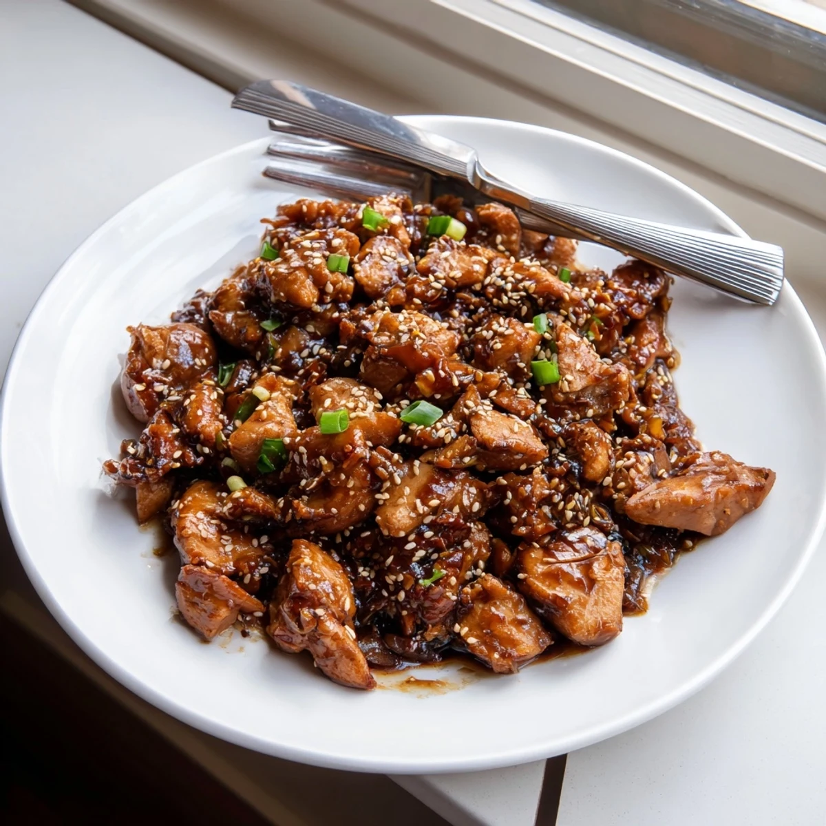 Golden brown Mongolian chicken pieces coated in a glossy brown garlic ginger sauce with fresh green scallions.
