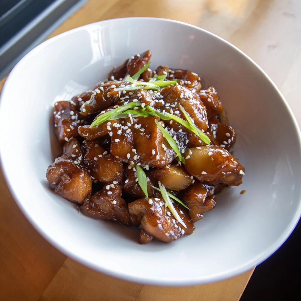 Mongolian chicken stir-fry featuring tender crispy chicken slices swimming in a sweet savory hoisin glaze.
