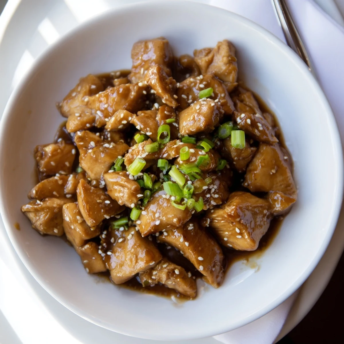 Plate of Mongolian chicken over steamed white rice topped with sesame seeds and sliced scallions.