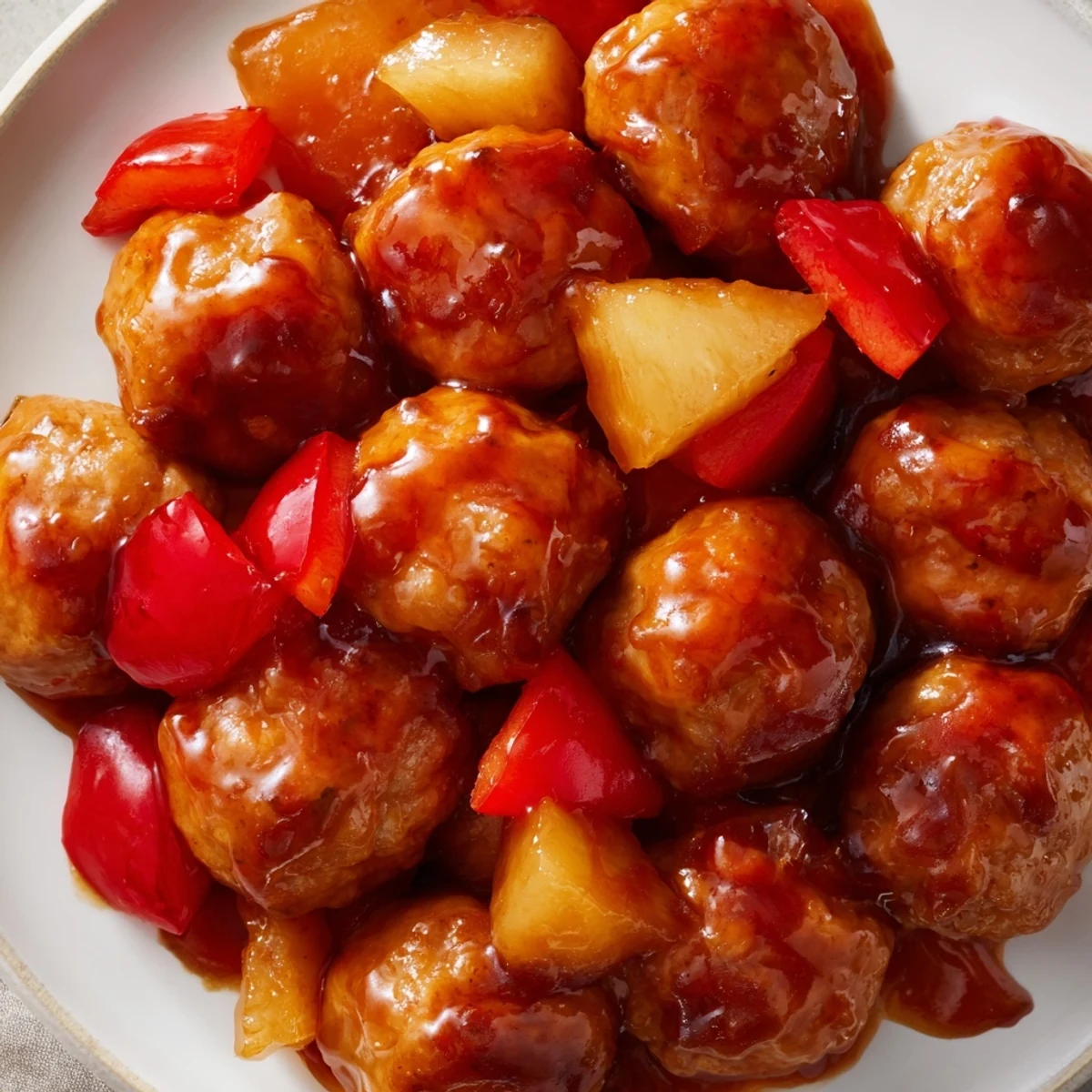 Tender turkey meatballs simmering in thick pineapple sauce garnished with green onions and sesame seeds