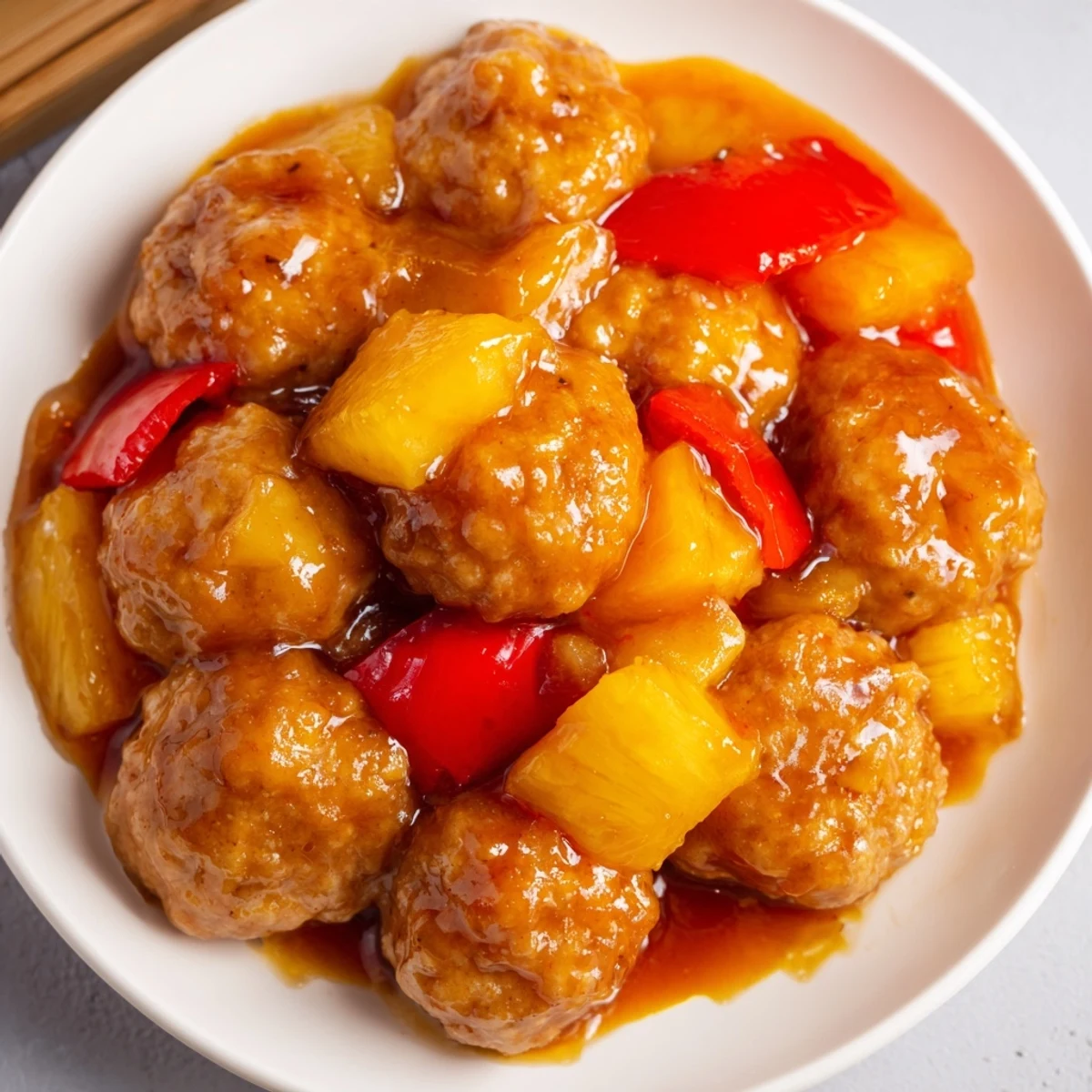 Golden brown pineapple chicken meatballs coated in glossy sweet tangy sauce with red pepper chunks
