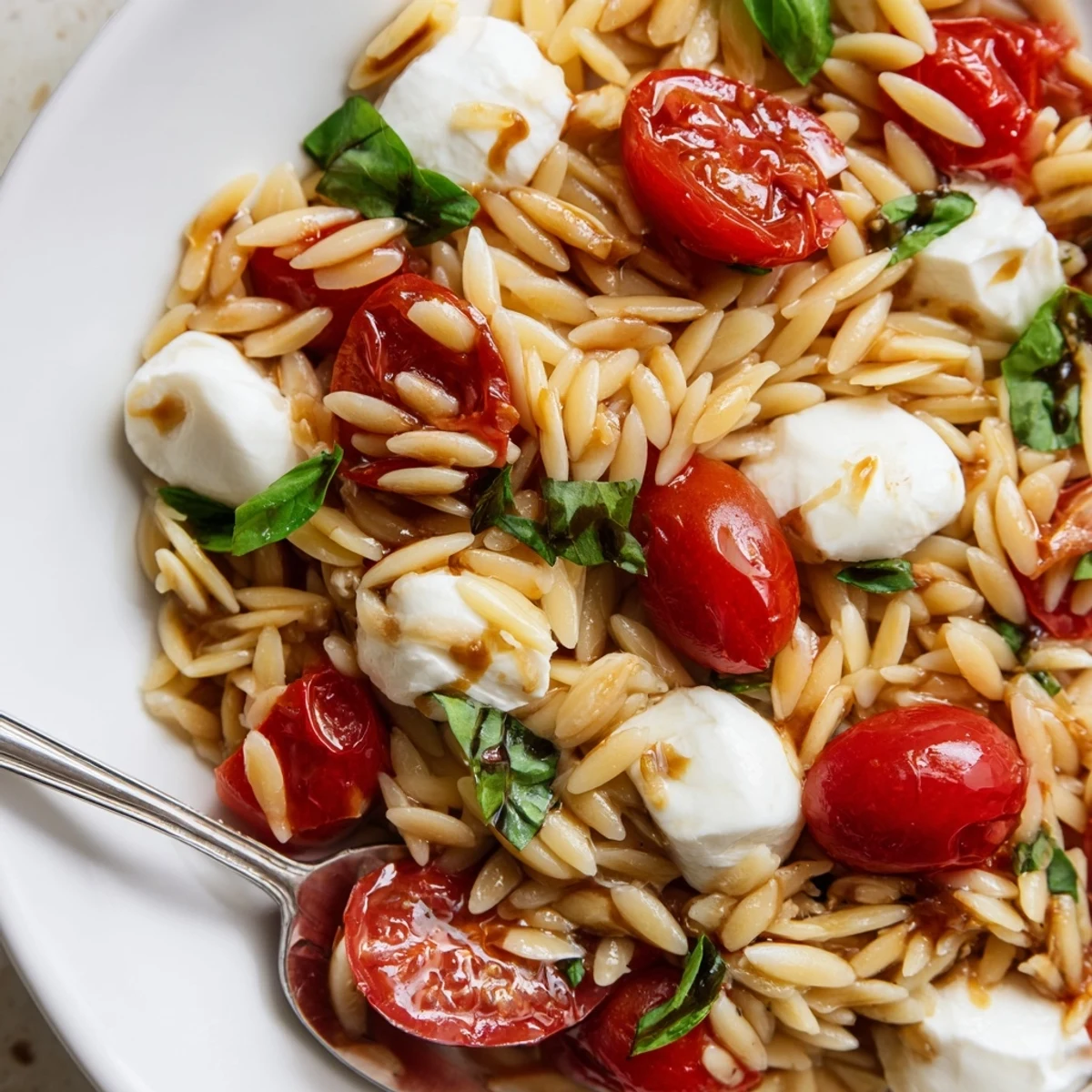 Colorful Caprese orzo pasta salad featuring cherry tomatoes, fresh mozzarella pearls, and fragrant basil drizzled with balsamic glaze in a white serving bowl