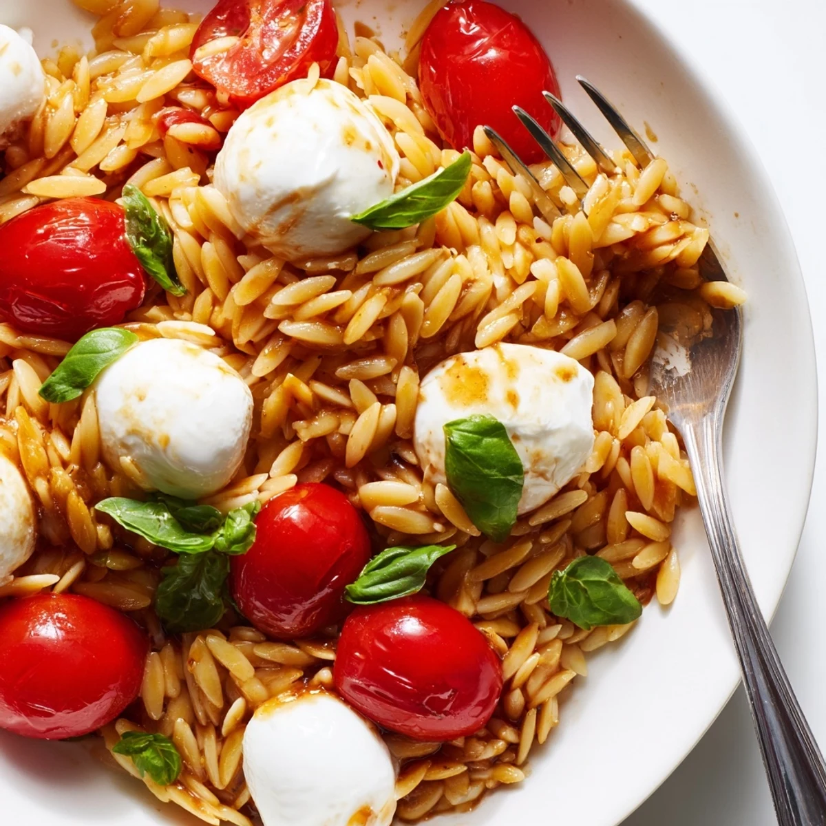 Summer-ready Caprese orzo pasta salad showcasing tender orzo pearls tossed with vibrant basil leaves and halved cherry tomatoes in glossy balsamic dressing