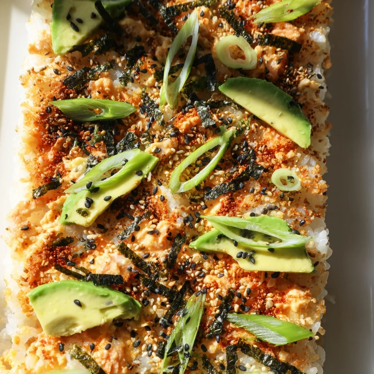 Baked salmon sushi casserole with spicy mayo layers nori strips and toasted sesame seeds