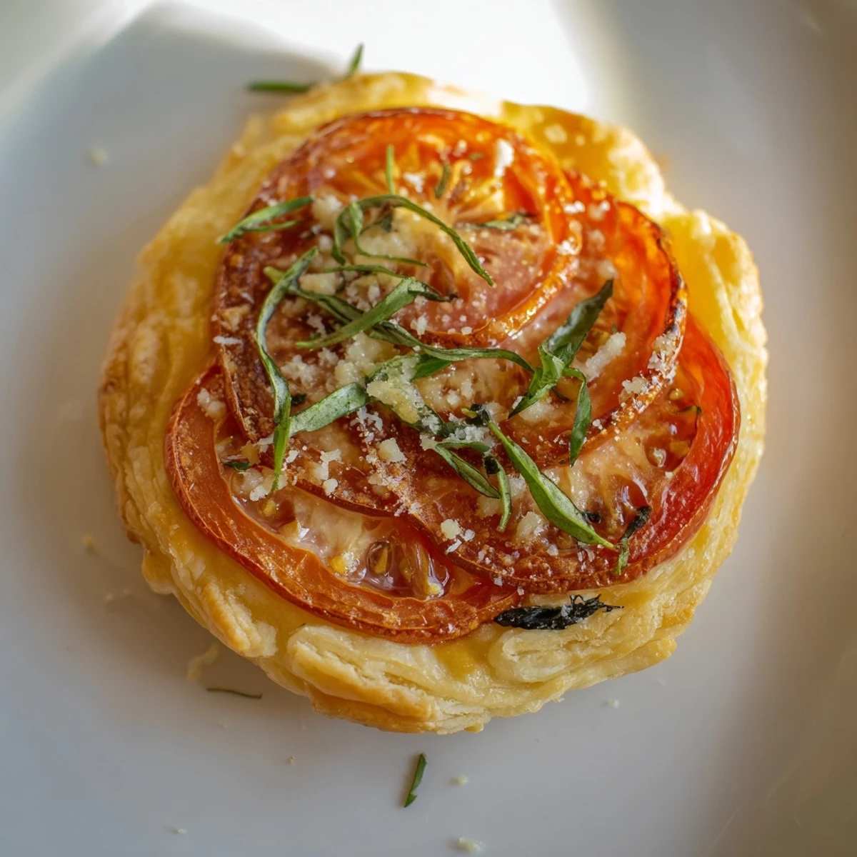 Flaky pastry appetizers topped with juicy red tomatoes, melted cheese, and aromatic basil, ready to serve