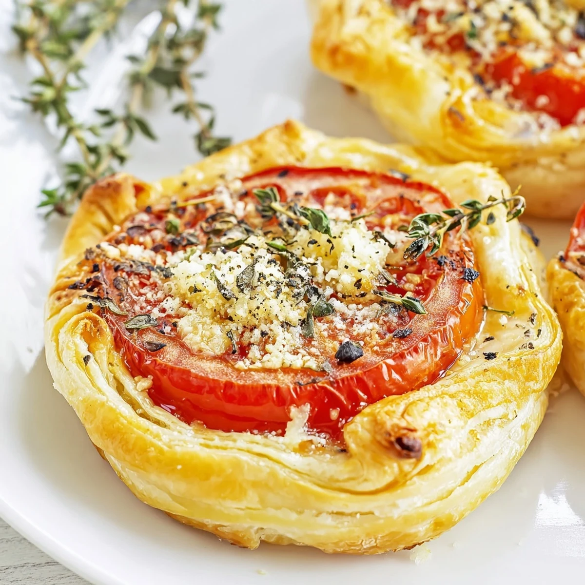 French-style tomato tartlets featuring caramelized tomatoes, creamy goat cheese, and golden puff pastry crust