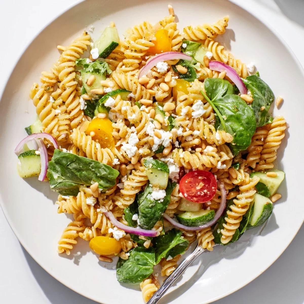Refreshing summer pasta salad featuring tender pasta, baby greens, cherry tomatoes, cucumber, and optional feta cheese garnish