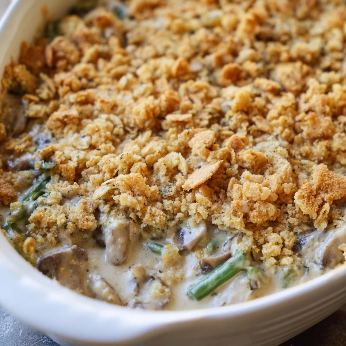 Golden green bean casserole with creamy mushroom sauce and buttery Ritz cracker topping bubbling in a baking dish