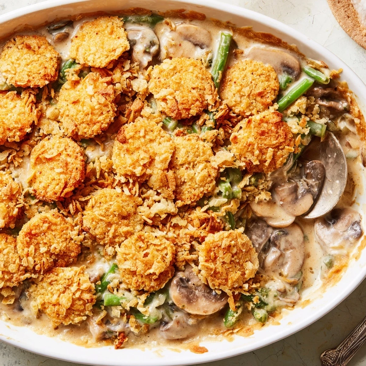 Comforting green bean casserole featuring tender beans in rich sauce beneath crispy toasted Ritz cracker crust