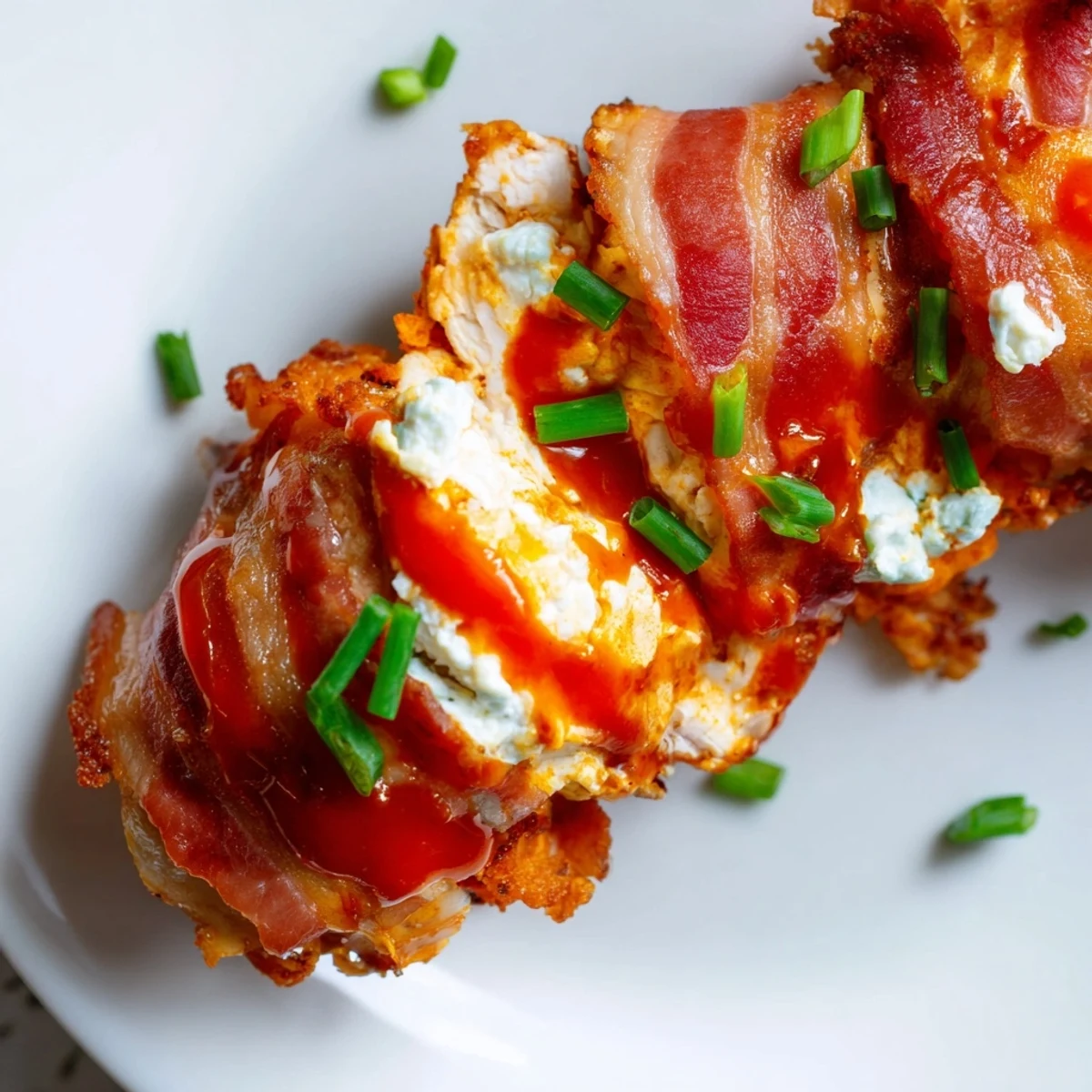 Juicy stuffed chicken breasts wrapped in smoky bacon, drizzled with tangy buffalo wing sauce