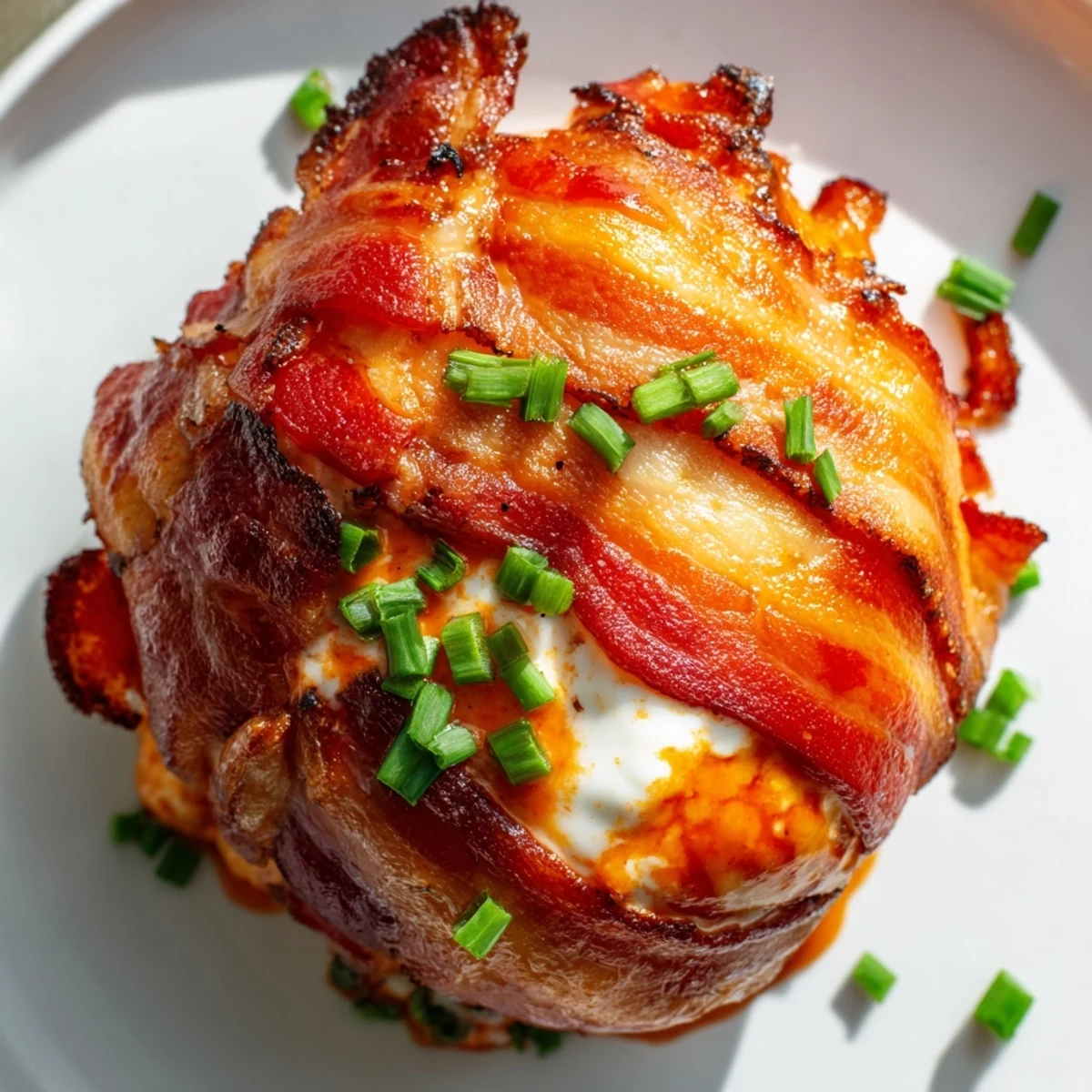 Golden Buffalo Chicken Bombs with creamy cheese filling and crispy bacon, garnished with fresh chives
