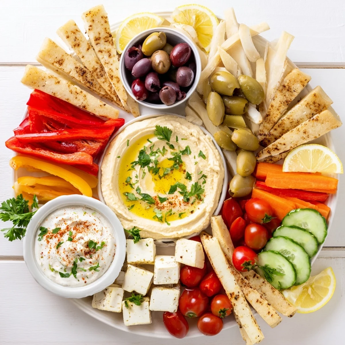 Colorful Mediterranean mezze tapas platter arranged with creamy hummus, fresh vegetables, olives, and warm pita bread