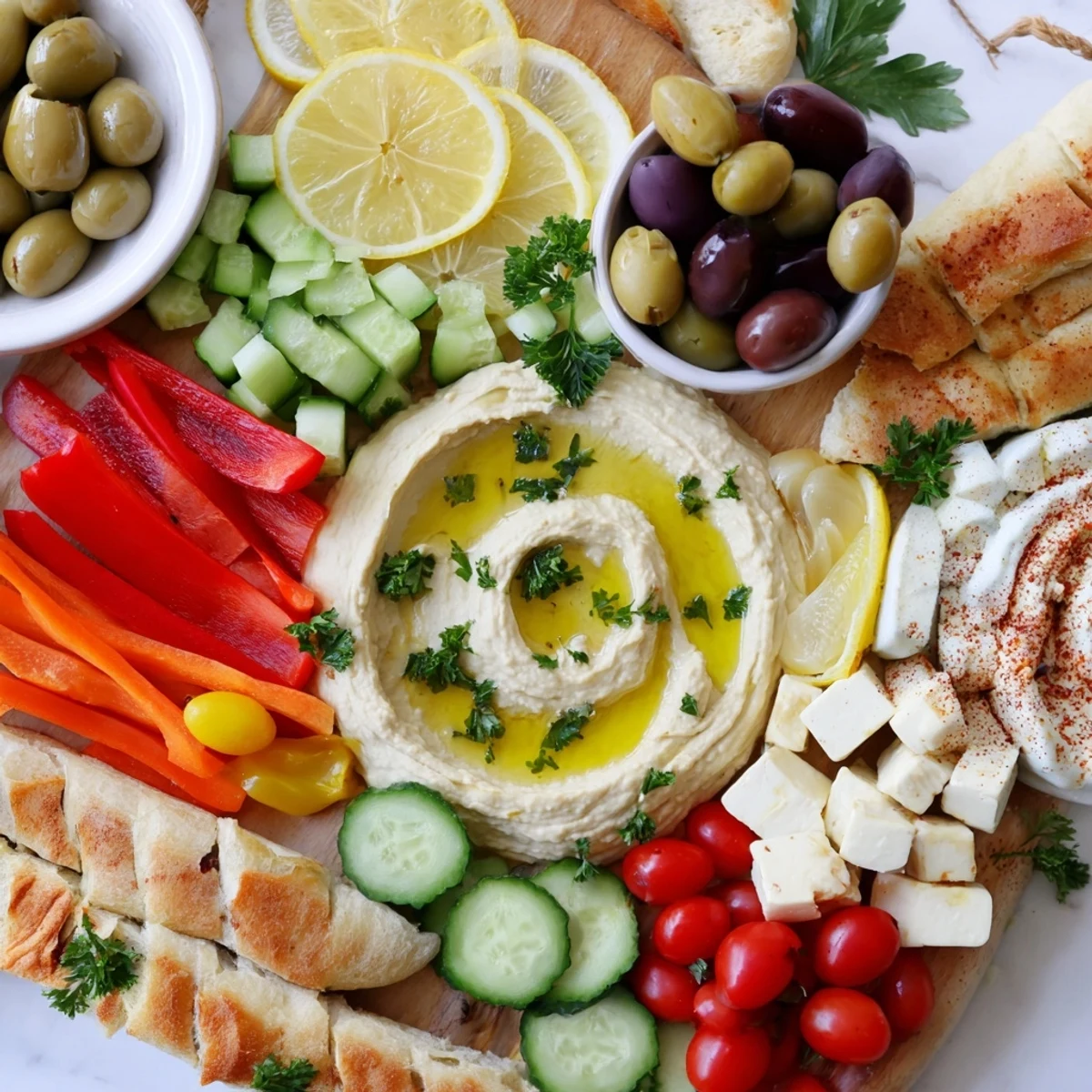 Sharing board featuring Mediterranean mezze tapas platter with feta cheese, dips, crisp veggies, and bread slices