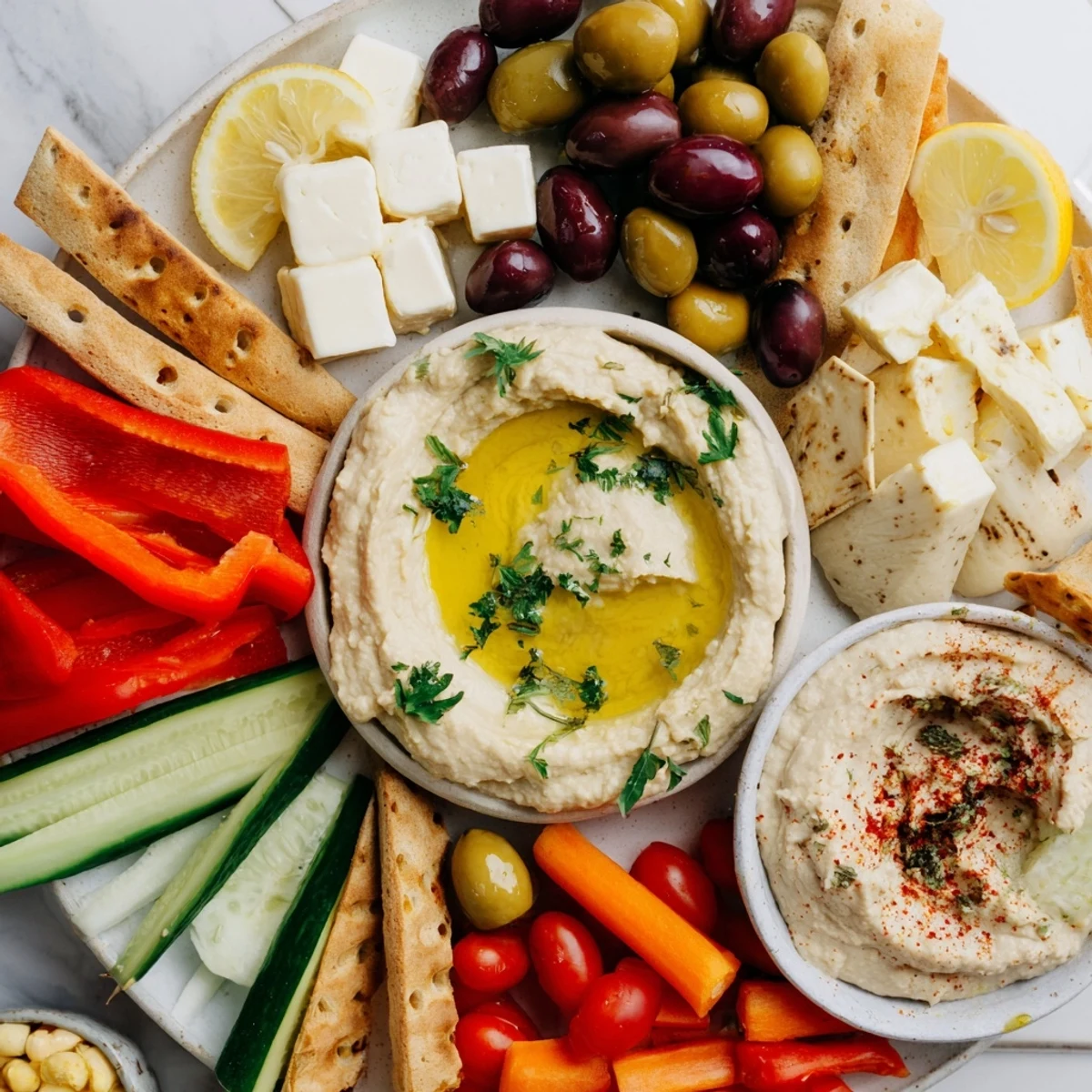 Vibrant Mediterranean mezze tapas platter displaying assorted appetizers including tzatziki, cherry tomatoes, and grilled halloumi