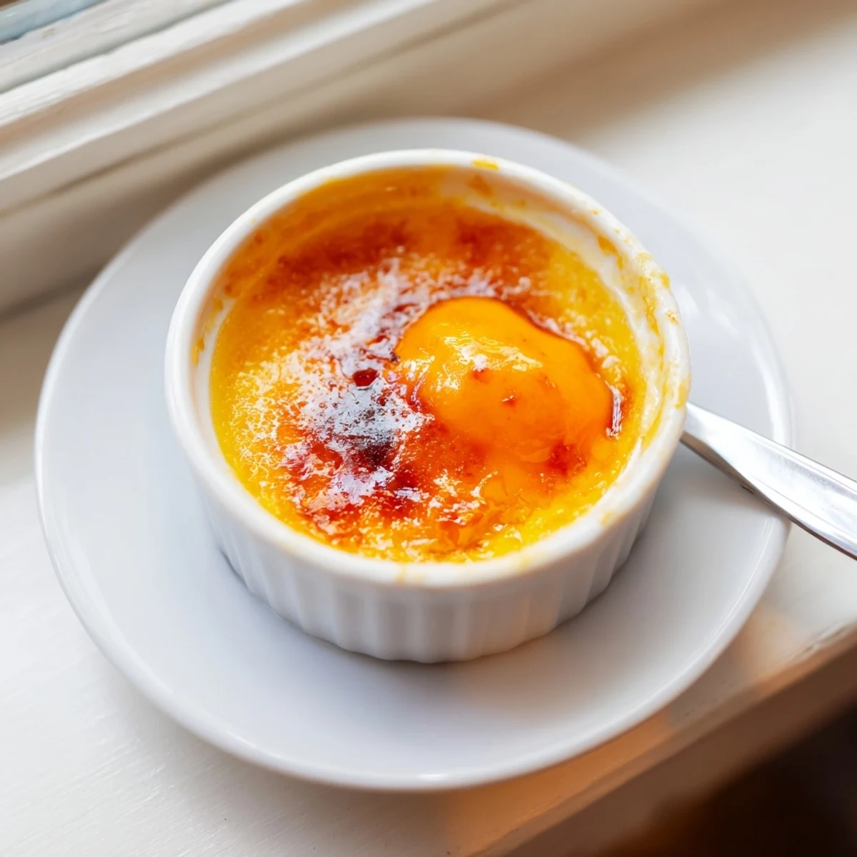 Golden caramelized sugar crust cracks open over silky persimmon crème brûlée in a white ramekin