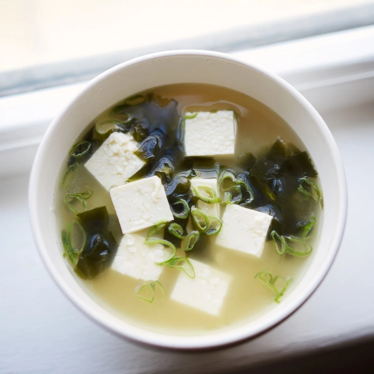 Steaming bowl of easy authentic miso soup with silken tofu cubes and wakame seaweed garnished with fresh green onions