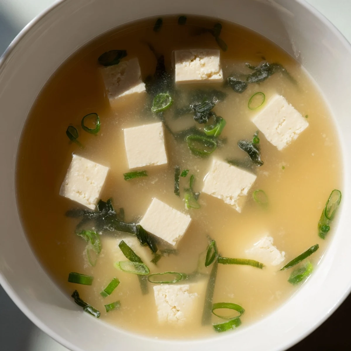 Traditional Japanese easy authentic miso soup featuring tender tofu in savory dashi broth with vibrant scallion topping