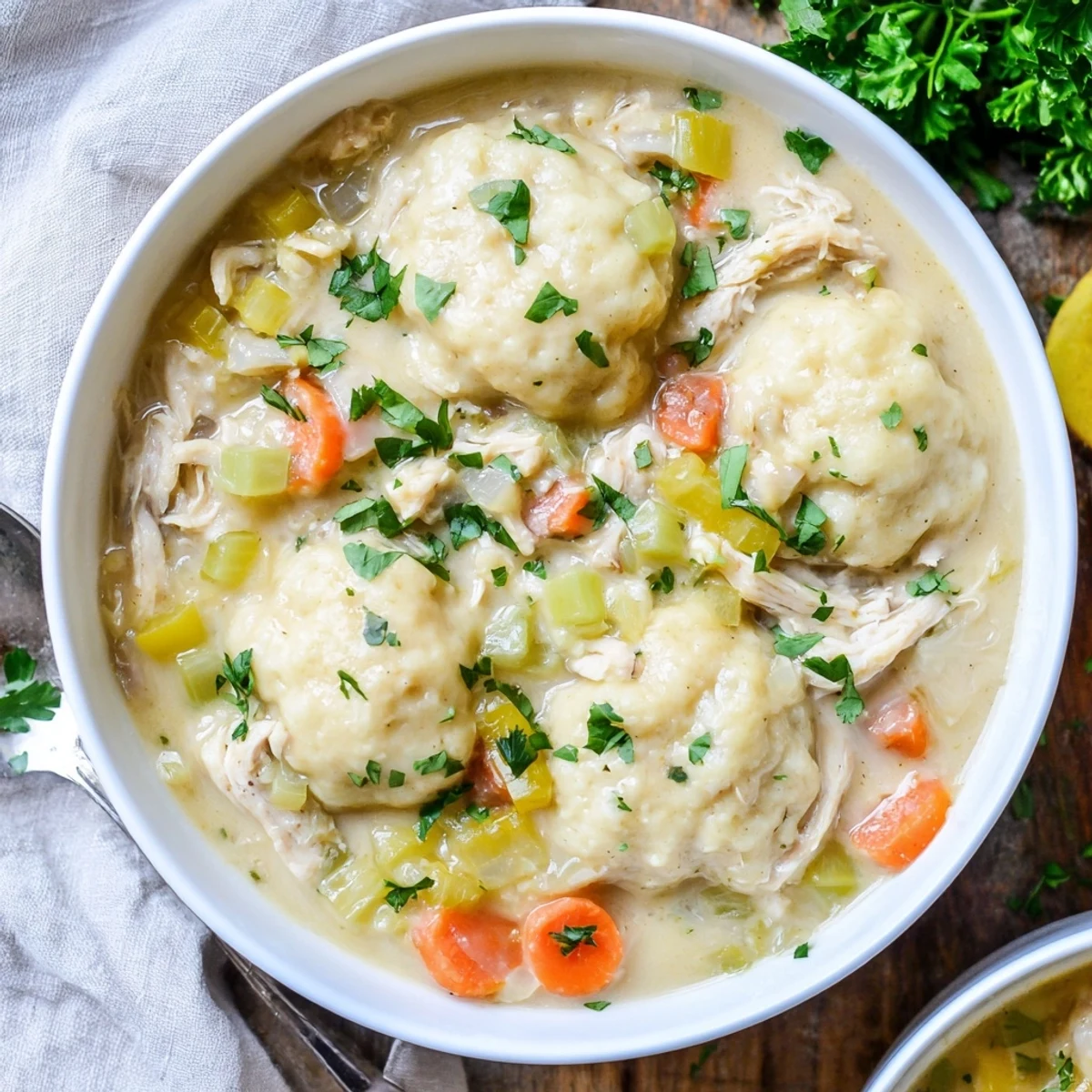 Golden chicken and fluffy biscuit dumplings swimming in a rich, creamy broth bowl