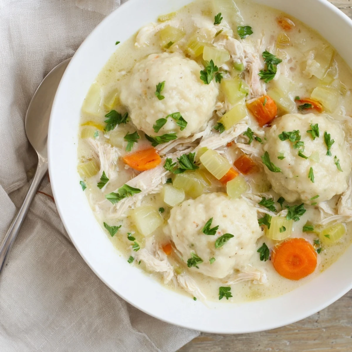 Steaming bowl of chicken and dumplings featuring tender shredded meat and soft buttery biscuits