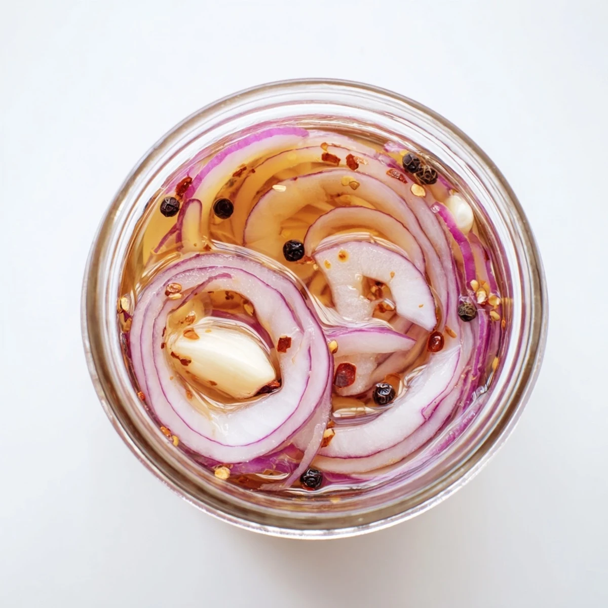 Glass jar filled with vibrant hot honey pickled red onions submerged in sweet golden brine