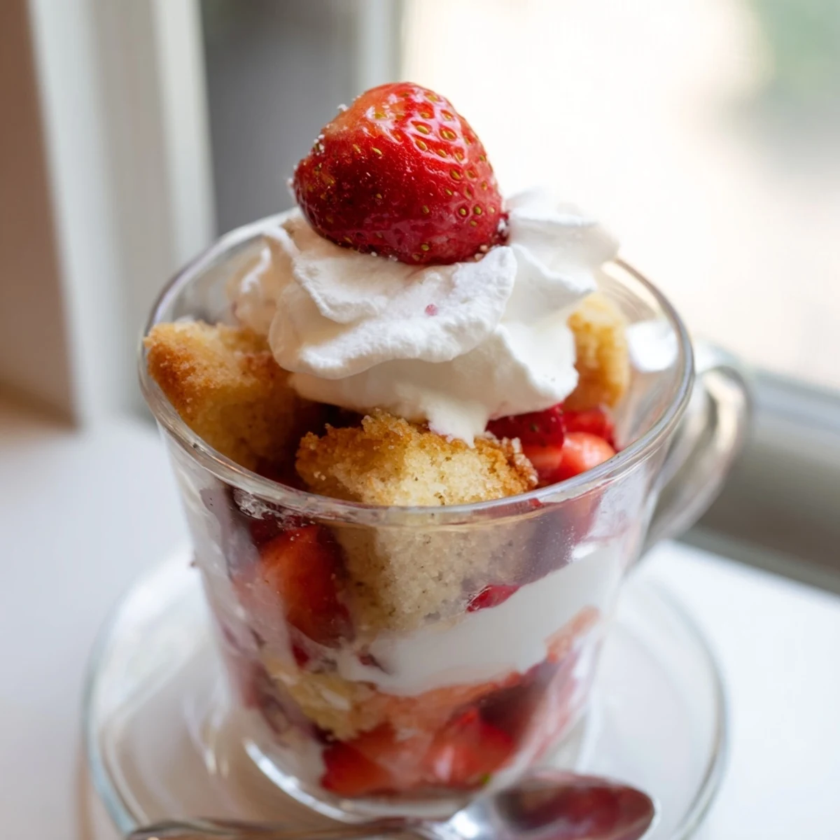 Individual strawberry shortcake cups topped with fresh red strawberries and white cream for romantic Valentine dessert serving