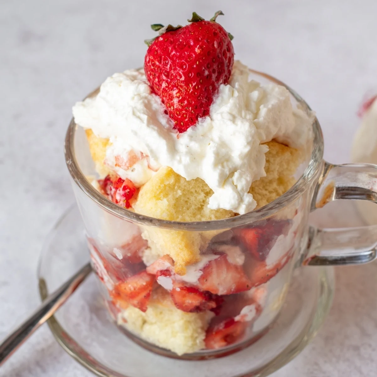Golden Valentines strawberry shortcake cups layered with sweet macerated berries and fluffy whipped cream in clear glass