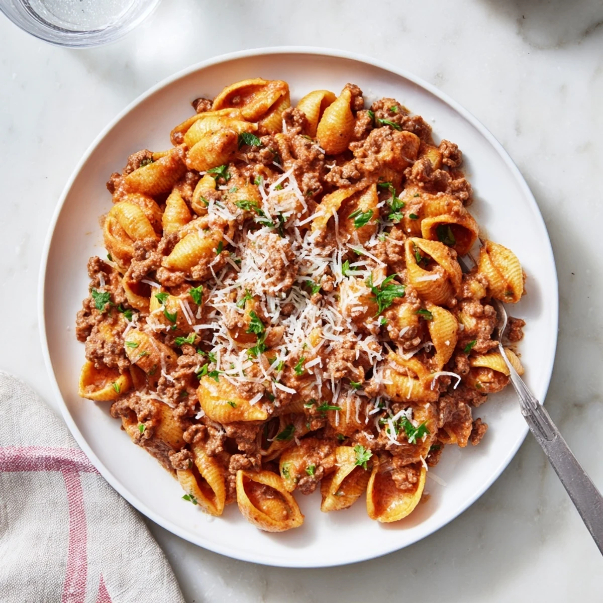 Hearty beef shells pasta dish featuring tender pasta in a velvety tomato cream sauce