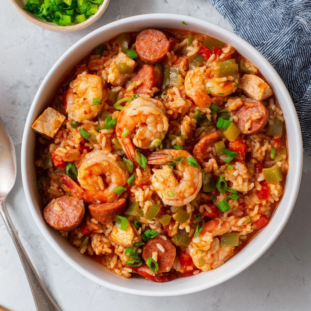 Hearty one pot Cajun jambalaya with tender meats and vegetables in a rich spiced sauce