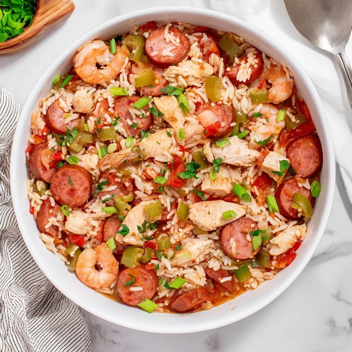 Golden one pot Cajun jambalaya featuring andouille sausage, shrimp, and chicken over fluffy rice