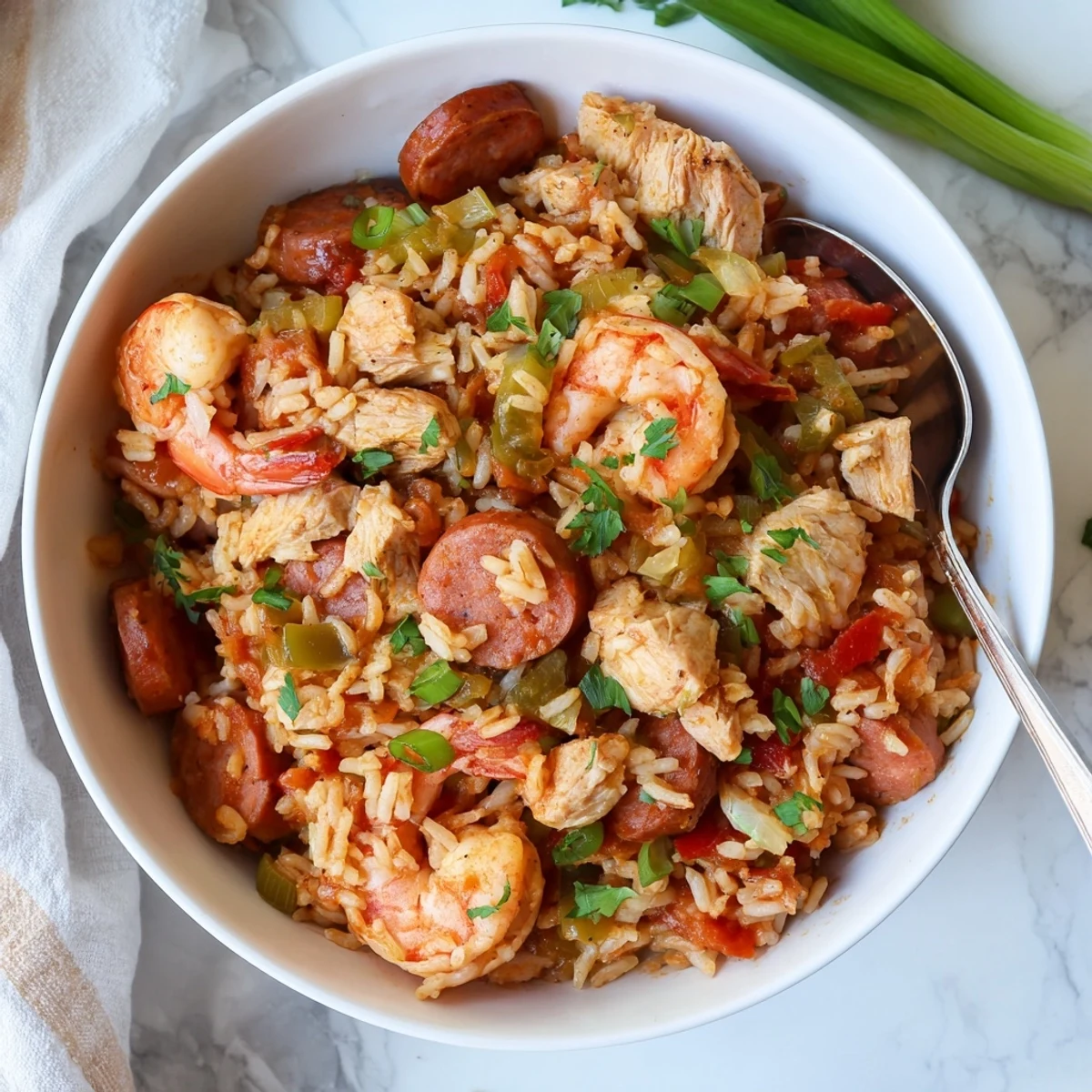 Steaming one pot Cajun jambalaya bowl garnished with fresh parsley and scallions, ready to serve