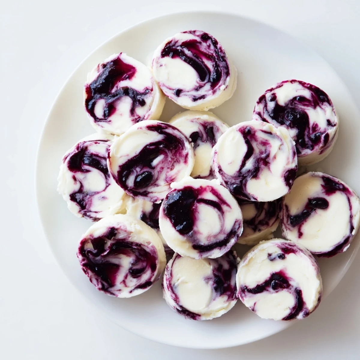 Frozen blueberry swirl yogurt bites displayed on a marble surface with fresh blueberry garnish highlighting the smooth purple marbleized texture pattern