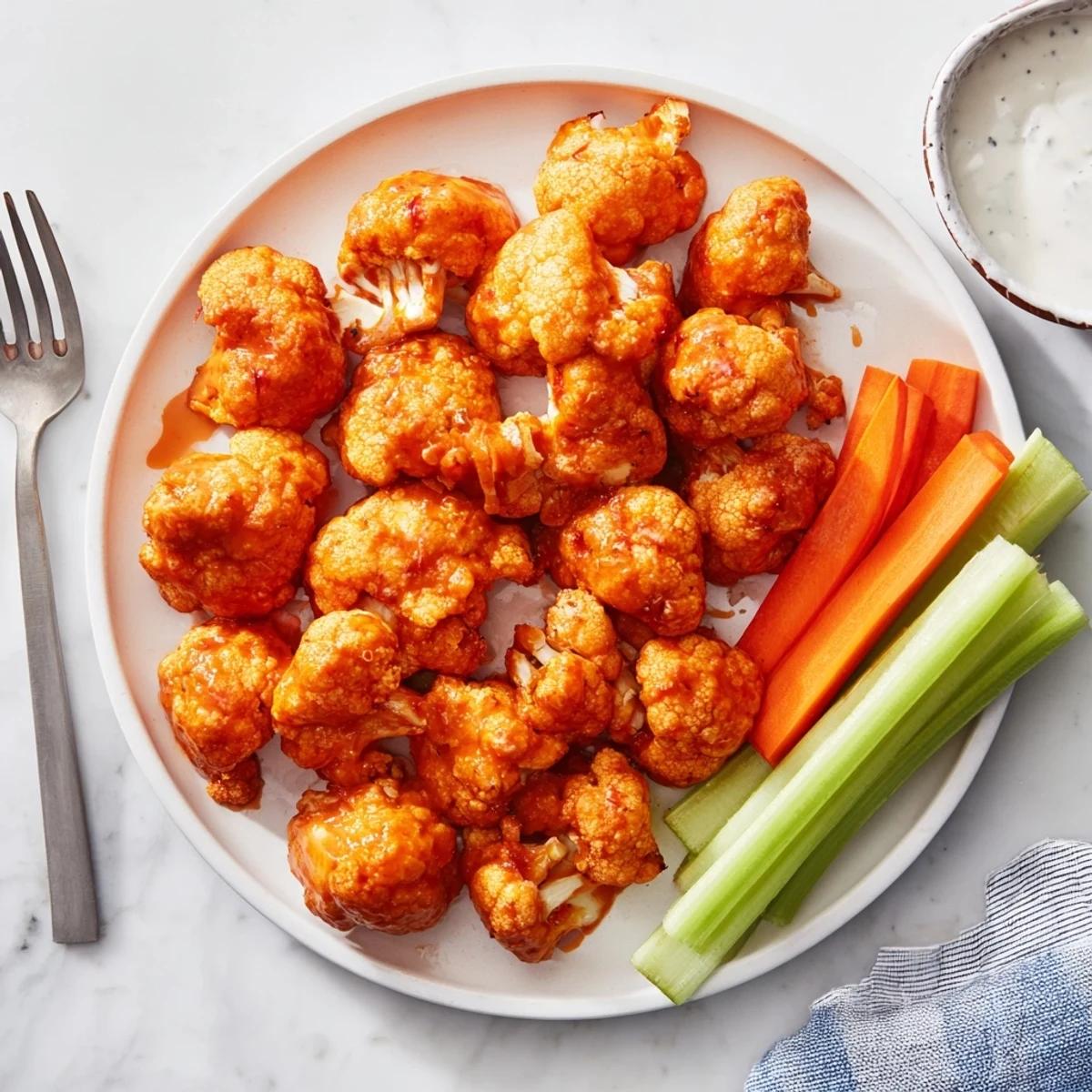 Spicy baked buffalo cauliflower bites coated in tangy red sauce, served alongside cool ranch dressing for dipping