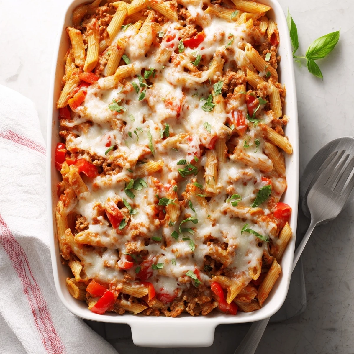 Golden brown homemade ground turkey pasta bake with melted mozzarella cheese topping