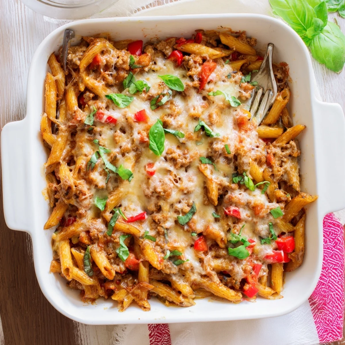 Creamy homemade ground turkey pasta bake bubbling with marinara and parmesan