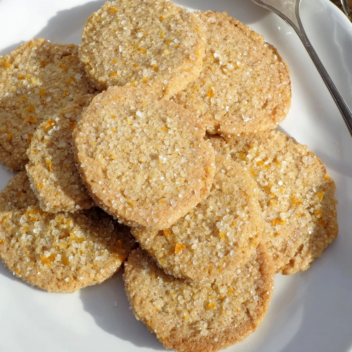 Golden brown orange clove cookies topped with sparkling sugar and fresh zest on a white plate