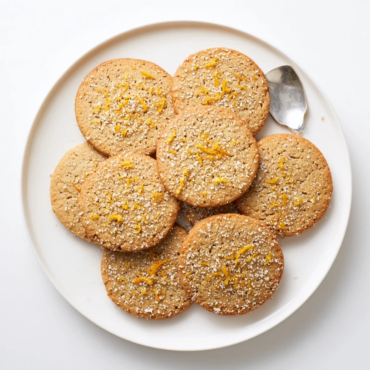Stack of warm spiced orange clove cookies with powdered sugar dusting and citrus garnish
