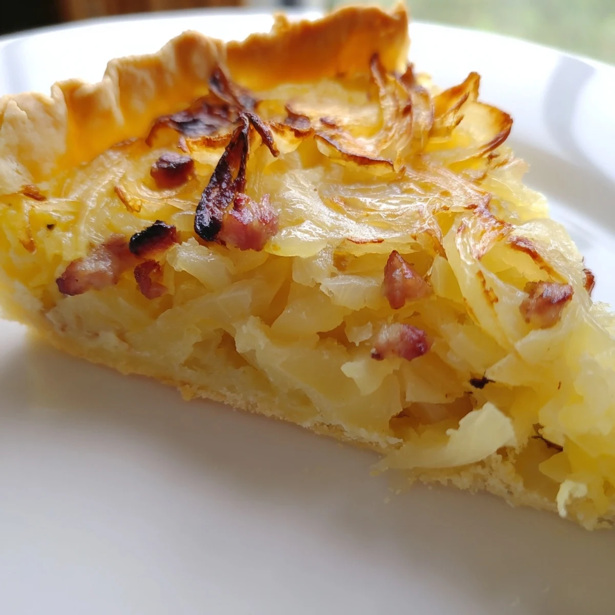 Golden brown German onion pie with caramelized onions and crispy bacon pieces