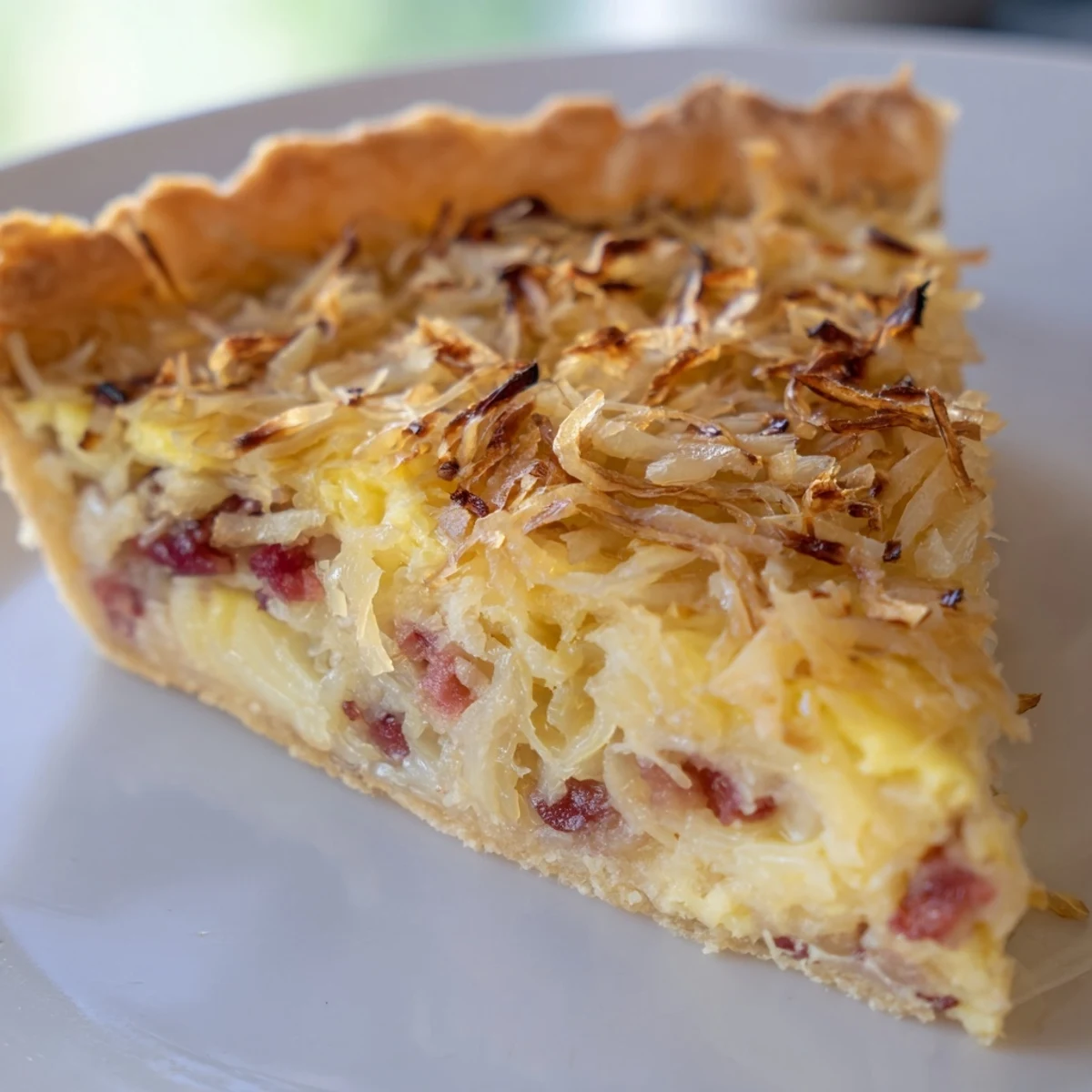 Homemade German onion pie featuring flaky pastry crust filled with creamy custard and onions