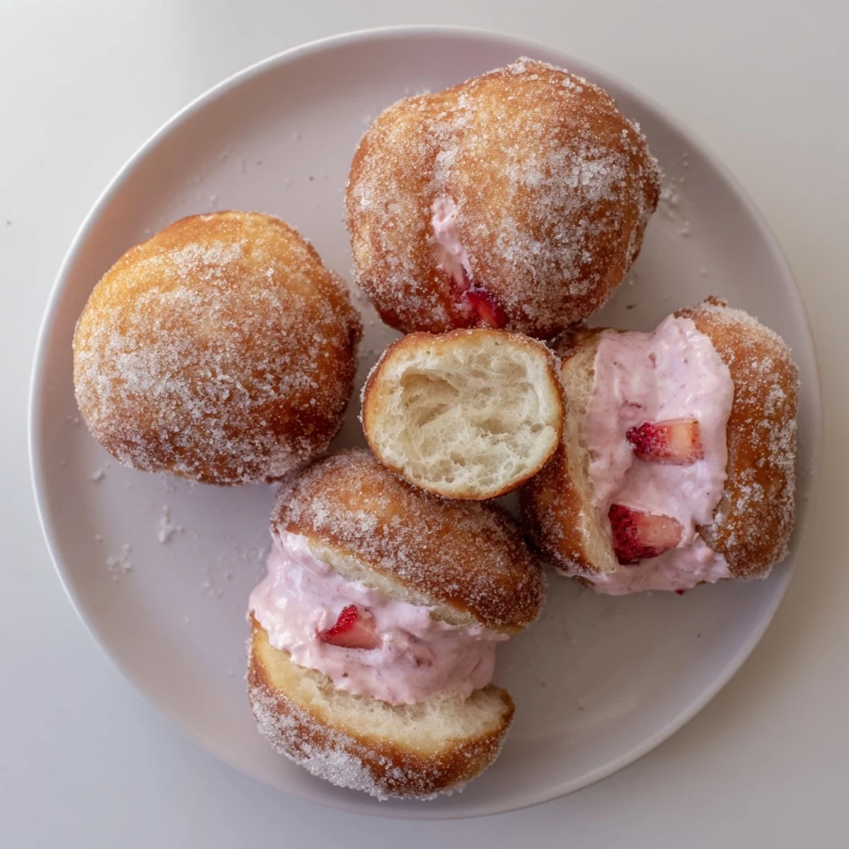 Golden fried strawberry cream filled doughnuts coated in sparkling white sugar on a white plate